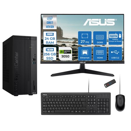 Asus Expertcenter D501MER  Intel® Core™ İ7-14700 24GB Ddr5 256GB SSD 6GB/RTX3050 Freedos +27" 120Hz Monitör Mini Tower Masaüstü Bilgisayar 27WD501MER23F06+ZETTAUSBBELLEK