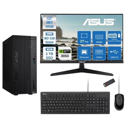 Asus Expertcenter D501MER  Intel® Core™ İ7-14700 80GB Ddr5 2tb SSD 6GB/RTX3050 Freedos +27" 120Hz Monitör Mini Tower Masaüstü Bilgisayar 27WD501MER23F29+ZETTAUSBBELLEK