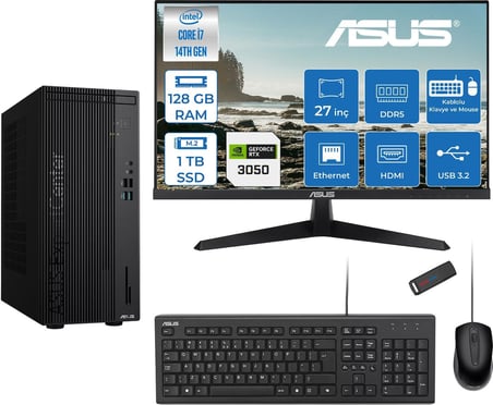 Asus Expertcenter D501MER  Intel® Core™ İ7-14700 128GB Ddr5 1tb SSD 6GB/RTX3050 Freedos +27" 120Hz Monitör Mini Tower Masaüstü Bilgisayar 27WD501MER23F38+ZETTAUSBBELLEK