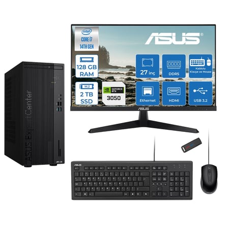 Asus Expertcenter D501MER  Intel® Core™ İ7-14700 128GB Ddr5 2tb SSD 6GB/RTX3050 Freedos +27" 120Hz Monitör Mini Tower Masaüstü Bilgisayar 27WD501MER23F39+ZETTAUSBBELLEK