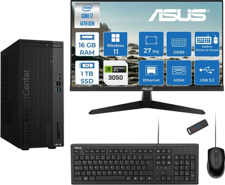 Asus Expertcenter D501MER  Intel® Core™ İ7-14700 16GB Ddr5 1tb SSD 6GB/RTX3050 WIN11HOME +27" 120Hz Monitör Mini Tower Masaüstü Bilgisayar 27WD501MER23H03+ZETTAUSBBELLEK