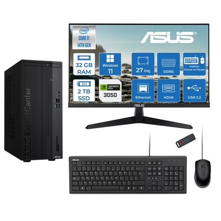 Asus Expertcenter D501MER  Intel® Core™ İ7-14700 32GB Ddr5 2tb SSD 6GB/RTX3050 WIN11PRO +27" 120Hz Monitör Mini Tower Masaüstü Bilgisayar 27WD501MER23P14+ZETTAUSBBELLEK