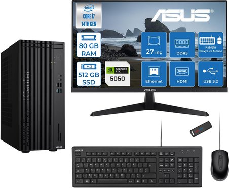 Asus Expertcenter D501MER  Intel® Core™ İ7-14700 80GB Ddr5 512GB SSD 8GB/RTX5050 Freedos +27" 120Hz Monitör Mini Tower Masaüstü Bilgisayar 27WD501MER27F27+ZETTAUSBBELLEK