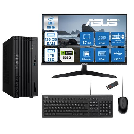 Asus Expertcenter D501MER  Intel® Core™ İ7-14700 128GB Ddr5 1tb SSD 8GB/RTX5050 Freedos +27" 120Hz Monitör Mini Tower Masaüstü Bilgisayar 27WD501MER27F38+ZETTAUSBBELLEK