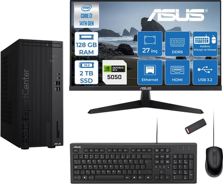 Asus Expertcenter D501MER  Intel® Core™ İ7-14700 128GB Ddr5 2tb SSD 8GB/RTX5050 Freedos +27" 120Hz Monitör Mini Tower Masaüstü Bilgisayar 27WD501MER27F39+ZETTAUSBBELLEK