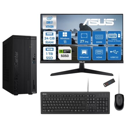 Asus Expertcenter D501MER  Intel® Core™ İ7-14700 24GB Ddr5 1tb SSD 8GB/RTX5050 WIN11HOME +27" 120Hz Monitör Mini Tower Masaüstü Bilgisayar 27WD501MER27H08+ZETTAUSBBELLEK