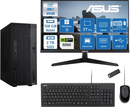 Asus Expertcenter D501MER  Intel® Core™ İ7-14700 128GB Ddr5 2tb SSD 8GB/RTX5050 WIN11HOME +27" 120Hz Monitör Mini Tower Masaüstü Bilgisayar 27WD501MER27H39+ZETTAUSBBELLEK