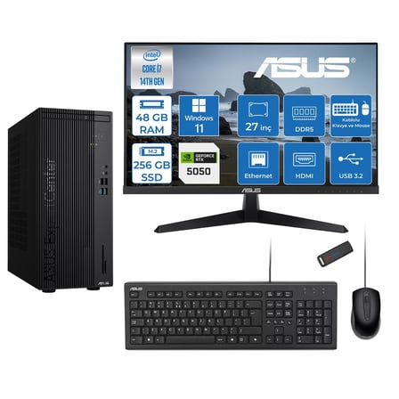 Asus Expertcenter D501MER  Intel® Core™ İ7-14700 48GB Ddr5 256GB SSD 8GB/RTX5050 WIN11PRO +27" 120Hz Monitör Mini Tower Masaüstü Bilgisayar 27WD501MER27P16+ZETTAUSBBELLEK