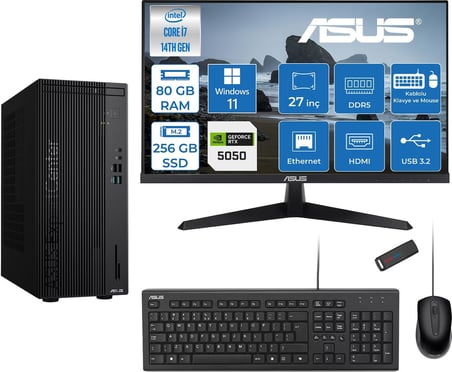 Asus Expertcenter D501MER  Intel® Core™ İ7-14700 80GB Ddr5 256GB SSD 8GB/RTX5050 WIN11PRO +27" 120Hz Monitör Mini Tower Masaüstü Bilgisayar 27WD501MER27P26+ZETTAUSBBELLEK