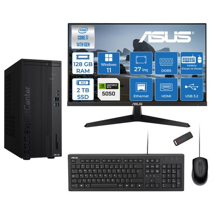 Asus Expertcenter D501MER  Intel® Core™ İ7-14700 128GB Ddr5 2tb SSD 8GB/RTX5050 WIN11PRO +27" 120Hz Monitör Mini Tower Masaüstü Bilgisayar 27WD501MER27P39+ZETTAUSBBELLEK