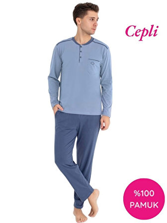 Erkek 3 Düğmeli %100 Pamuk Göğüs Cepli Mevsimlik Uzun Kol Cepli Pijama Takımı