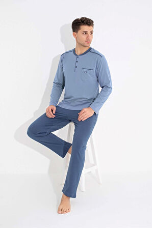 Erkek 3 Düğmeli %100 Pamuk Göğüs Cepli Mevsimlik Uzun Kol Cepli Pijama Takımı