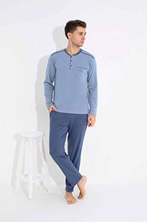 Erkek 3 Düğmeli %100 Pamuk Göğüs Cepli Mevsimlik Uzun Kol Cepli Pijama Takımı