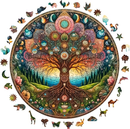 Ahşap Puzzle Yetişkin - Kozmik Yaşam Ağacı - 252 Parça, 29 x 29 cm - Yapıştırıcı Folyo Dahil - Benzersiz Şekilli Parçalar &amp; Özel Figürler - A1-08