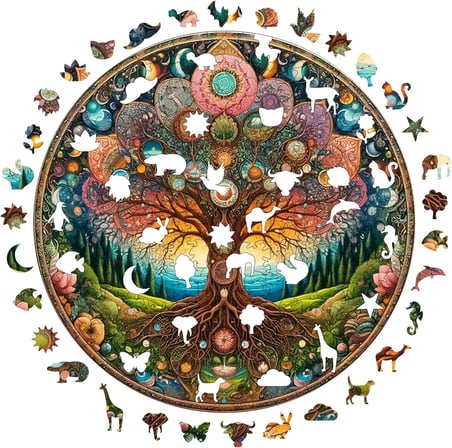 Ahşap Puzzle Yetişkin - Kozmik Yaşam Ağacı - 252 Parça, 29 x 29 cm - Yapıştırıcı Folyo Dahil - Benzersiz Şekilli Parçalar &amp; Özel Figürler - A1-08