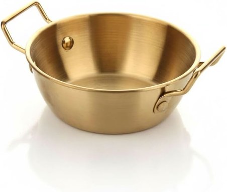 AmberHaus Gold Renk Paslanmaz Çelik Mini Sahan ve Sunumluk - Kulplu Metal Kahvaltılık, Sosluk ve Meze Tabağı - Mat Altın Görünümlü Servis Tavası (12 CM)