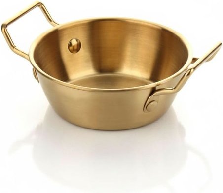 AmberHaus Gold Renk Paslanmaz Çelik Mini Sahan ve Sunumluk - Kulplu Metal Kahvaltılık, Sosluk ve Meze Tabağı - Mat Altın Görünümlü Servis Tavası (12 CM)