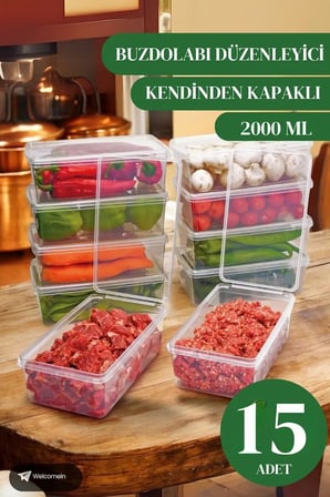 15 Adet 2 Lt. Kendinden Kapaklı Derin Dondurucuya Uygun Buzluk Saklama Kabı Düzenleyici (2000 Ml)