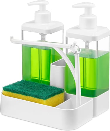 İKİLİ SIVI SABUNLUK VE SETİ - Yüzük Bez Askılı Sünger Hazneli 2X350 ml 2li Sıvı Sabunluk