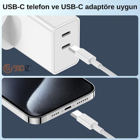 USB-C to USB-C Hızlı Şarj Kablosu Type-C 60W PD, 1m Örgülü Şarj Kablosu; iPhone 15 16 Pro Max, Samsung S24 S23 Ultra, iPad Pro ve USB-C Cihazlarla Uyumlu -