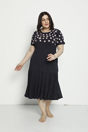 Kadın Desenli Nakış Detaylı Ve Cepli Penye Modal Pamuklu Büyük Beden Kısa Kollu Elbise