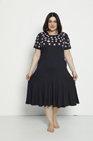 Kadın Desenli Nakış Detaylı Ve Cepli Penye Modal Pamuklu Büyük Beden Kısa Kollu Elbise