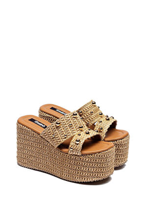 Kadın Hasır Örme Tokalı Yüksek Platform Topuklu Terlik 2225