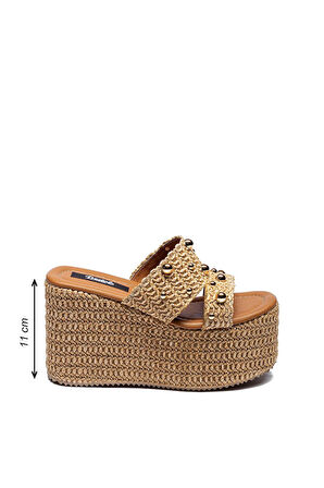 Kadın Hasır Örme Tokalı Yüksek Platform Topuklu Terlik 2225