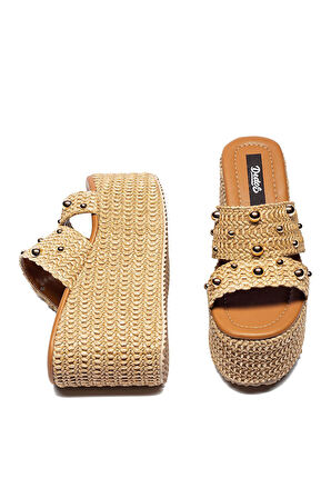 Kadın Hasır Örme Tokalı Yüksek Platform Topuklu Terlik 2225