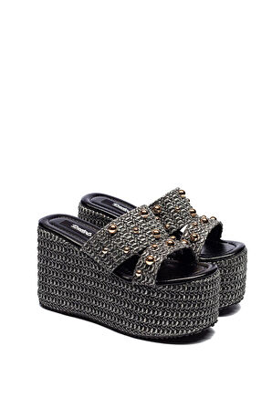 Kadın Hasır Örme Tokalı Yüksek Platform Topuklu Terlik 2225