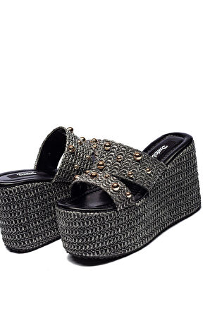 Kadın Hasır Örme Tokalı Yüksek Platform Topuklu Terlik 2225
