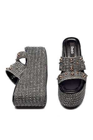 Kadın Hasır Örme Tokalı Yüksek Platform Topuklu Terlik 2225