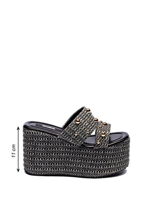 Kadın Hasır Örme Tokalı Yüksek Platform Topuklu Terlik 2225