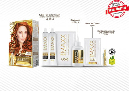 Gold serisi 24K Altın Parçacıklı Serum ile 1 Kutu 2 x 50 ml ve Geliştiriciler Saç Boyası (TARÇIN BAKIR 8.45)