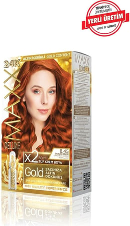 Gold serisi 24K Altın Parçacıklı Serum ile 1 Kutu 2 x 50 ml ve Geliştiriciler Saç Boyası (TARÇIN BAKIR 8.45)