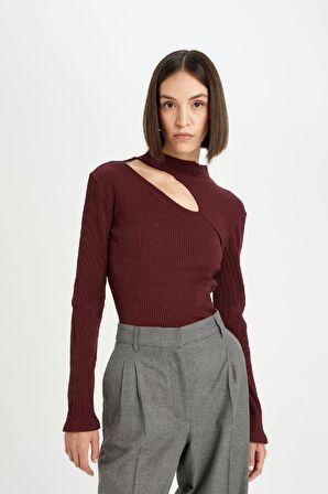 DeFacto Slim Fit Dar Kesim Yarım Balıkçı Yaka Basic Düz Fitilli Kaşkorse Uzun Kollu Tişört C8473AX24AUBR34