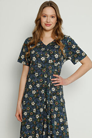 Çiçek Desenli V Yaka Sırt Dantel Detaylı Pamuklu Kısa Kollu Kadın Elbise