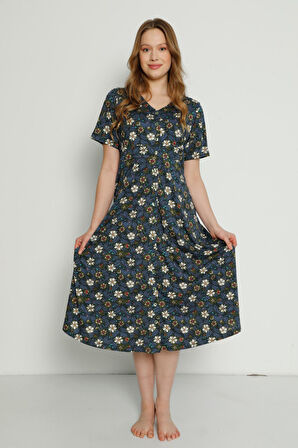 Çiçek Desenli V Yaka Sırt Dantel Detaylı Pamuklu Kısa Kollu Kadın Elbise