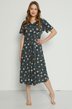 Çiçek Desenli V Yaka Sırt Dantel Detaylı Pamuklu Kısa Kollu Kadın Elbise