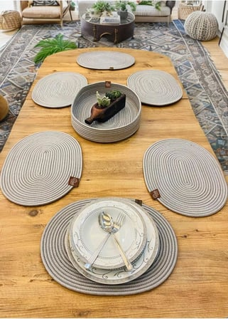 Supla Takımı, 7-Li Doğal Jüt, Desenli, Hasır, Amerikan Servis Takımı, Tabak Altlığı, Ekmek Sepetli gri