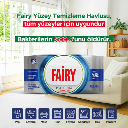 Fairy Platinum Antibakteriyel Yüzey Temizlik Havlusu 100 Yaprak | Beyaz Sirke &amp; Karbonat | 48 Saat Temizlik Etkili | İz Bırakmayan Formül