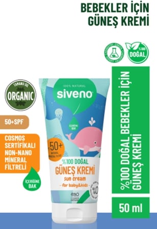 Siveno Bebek Güneş Kremi Leke Karşıtı Antioksidan Nemlendirici Bitkisel Vegan Uva Uvb Spf50+ 50 Ml