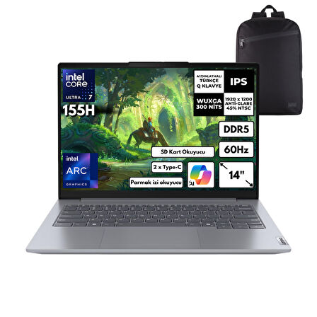 Lenovo Thinkbook 14 G7 Ultra 7-155H 24-GBDDR5 512 GBSSD Intel Arc Graphics 14" WUXGA Windows 11 Home + HMF Sırt Çantası 21MR0050TRHMF70