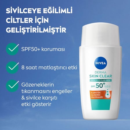SPF50 Derma Skin Clear Sivilce Karşıtı Gündüz Yüz Kremi 40 ml,Matlaştırıcı,Makyaj Bazı,Karnitin,Gliserin,Niasinamid,Hafif Formül