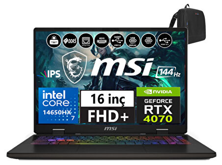 Msı Nb Sword 16 Hx Intel Core I7-14650HX 64GB Ddr5 512GB SSD 8GB/RTX4070 115W Freedos 16" 144Hz Fhd+ Taşınabilir Bilgisayar B14VGKG-473XTRW13+WEBLEGELSINÇANTA