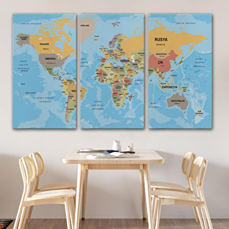 Harita Sepeti Türkçe Dünya Haritası Ülke Başkentli ve Okyanuslu Dekoratif Kanvas Tablo 2228