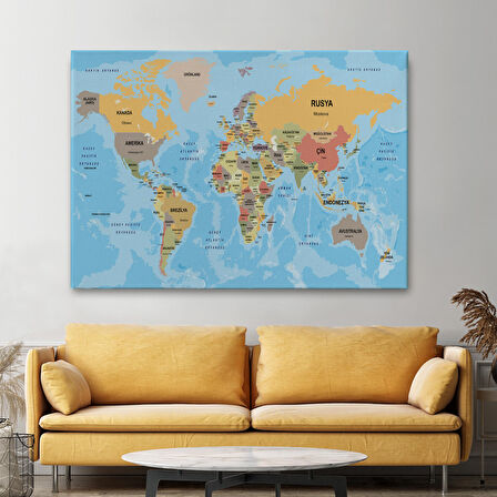 Harita Sepeti Türkçe Dünya Haritası Ülke Başkentli ve Okyanuslu Dekoratif Kanvas Tablo 2228