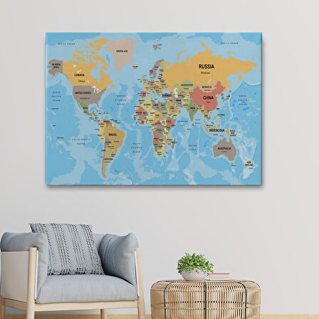 Harita Sepeti Dünya Haritası Ülke Başkentli Okyanuslu ve Dekoratif Kanvas Tablo 2229