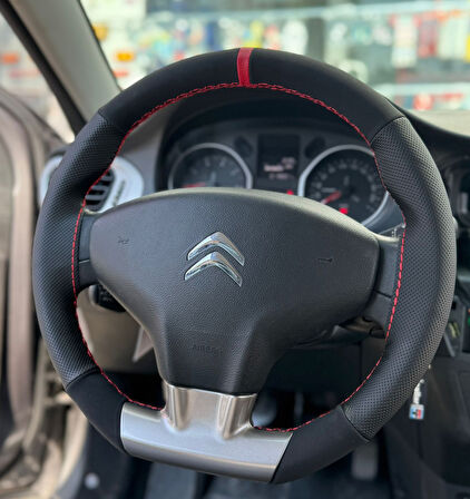 DİKİŞLİ DİREKSİYON KILIFI NOKTALI DERİ NUBUK DERİ KIRMIZI YÜZÜK KIRMIZI DİKİŞLİ CİTROEN ELYSEE