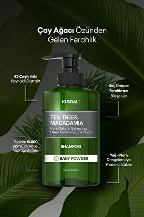 Sorunlu Saç Derisine Özel Şampuan KUNDAL Tea Tree & Macadamia Deep Cleansing Shampoo (Baby Powder)